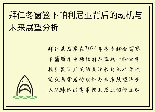 拜仁冬窗签下帕利尼亚背后的动机与未来展望分析