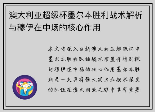 澳大利亚超级杯墨尔本胜利战术解析与穆伊在中场的核心作用